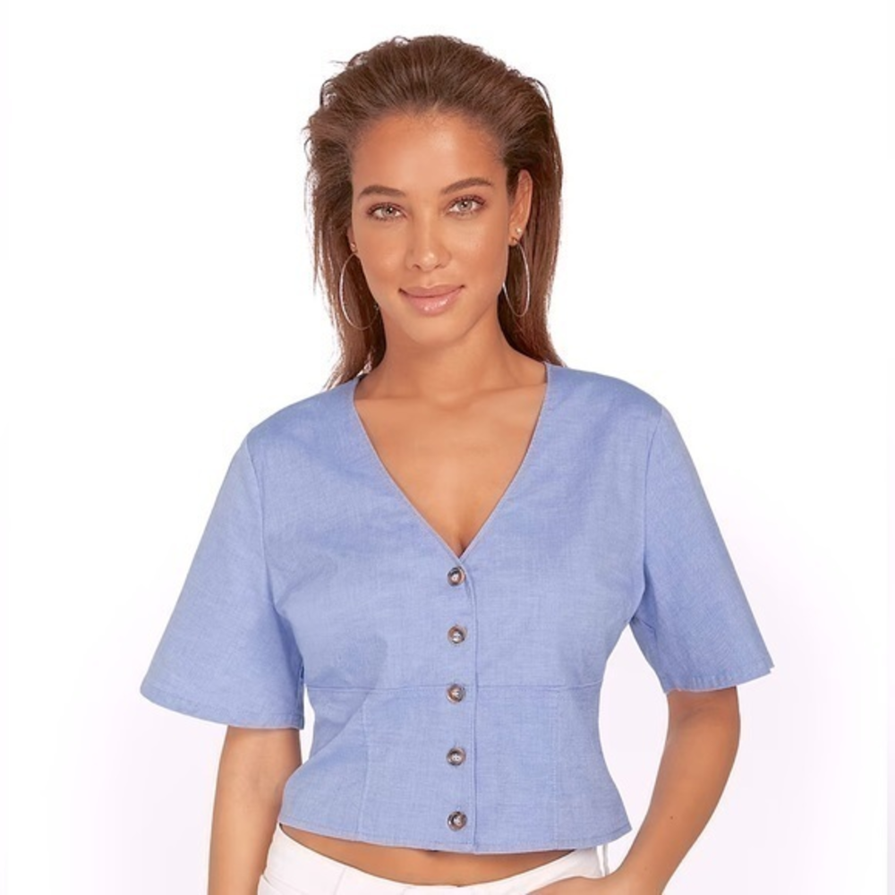 New York & Company Button-Frontโ Smocked Top Blue Size M NWT
